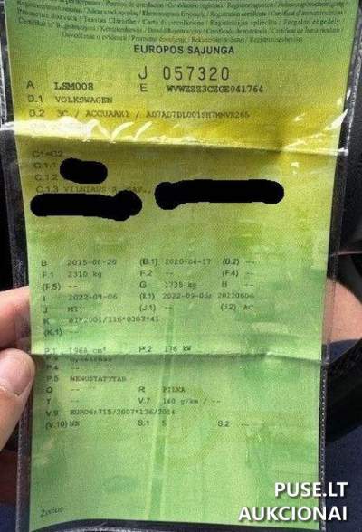 Parduodamas lengvasis automobilis VW Passat 2015m. aukcione su PVM, pradinė kaina 9604 EUR