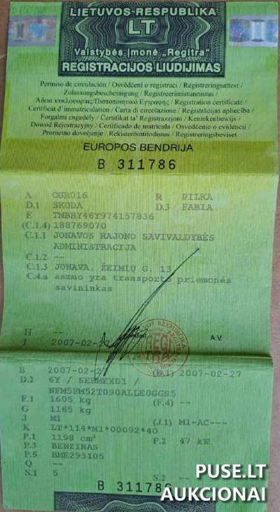 Parduodamas automobilis Škoda Fabia 2007 m. Jonavoje pradinė kaina nuo 250 EUR