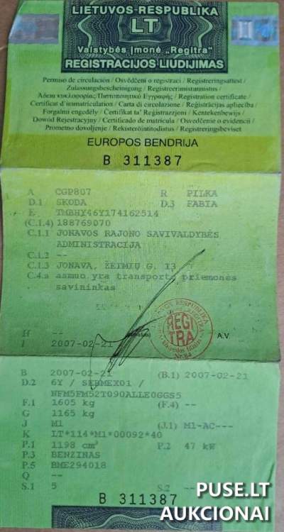 Parduodamas naudotas lengvasis automobilis Škoda Fabia Jonava 2007 m. su defektais – pradinė kaina 250 EUR