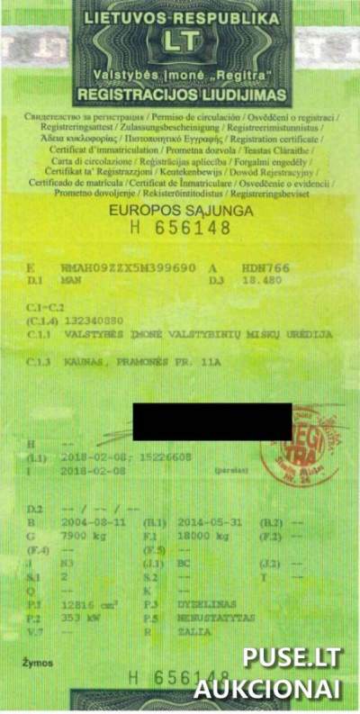 Parduodamas balninis vilkikas MAN 18.480 aukcione su pradine kaina 2020 EUR