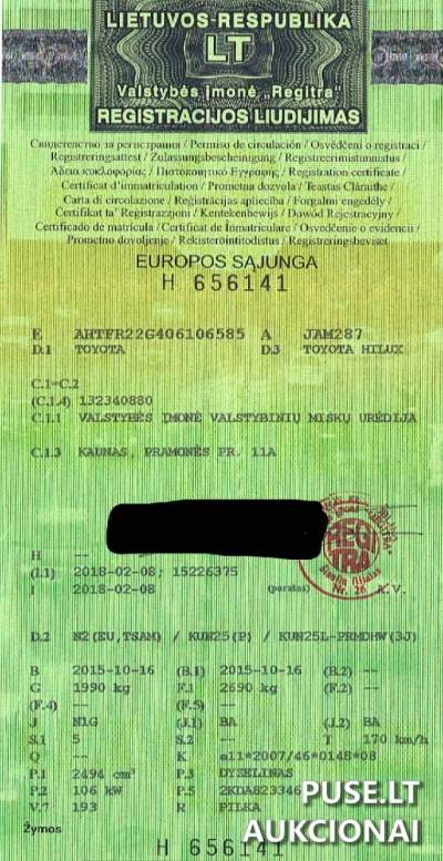 Parduodamas 2015 m. Toyota Hilux dyzelinis automobilis Panevėžyje už 12500 EUR pradinę kainą