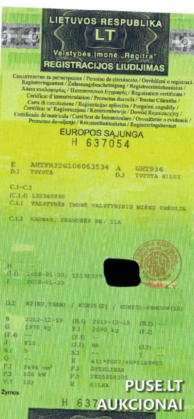 Parduodamas 2012 m. Toyota Hilux automobilis su defektais už pradinę 6800 EUR kainą Vilniaus rajone