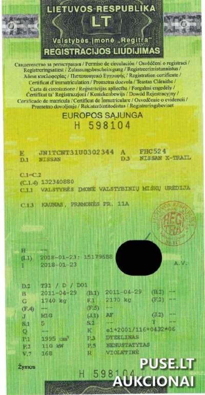 Parduodamas lengvasis automobilis Nissan X-Trail 2011 m. Vilniaus rajone, pradinė kaina 4100 EUR