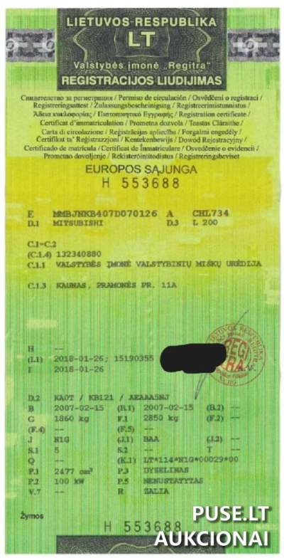 2007 m. Mitsubishi L200 pikapas aukcione su pradine kaina 4700 EUR