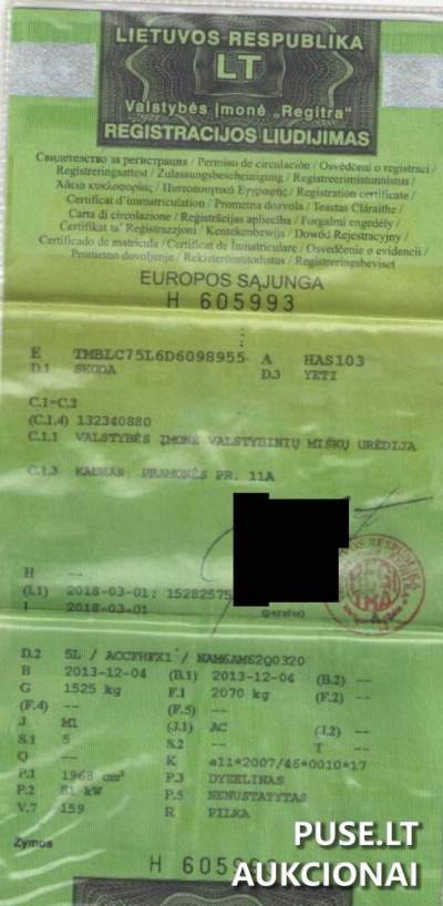 Lengvasis automobilis SKODA YETI su defektais Kauno rajone, pradinė kaina 4200 EUR