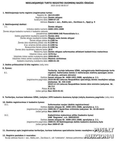 1/2 доли земельного участка 0,12 га в Каунасском р-не, с. Зацишюс, ул. Илгою, 9. Начальная цена 1440 EUR